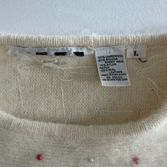 Vintage 80s Pastel Angora Geometric Sweater Cream Ivory Large - Picture 11 of 12